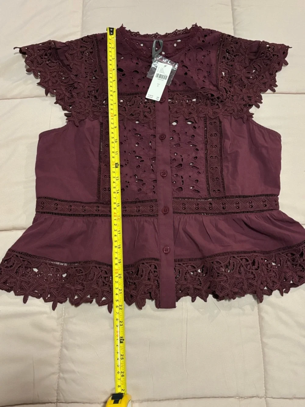 Anthropologie Sleeveless High-Neck Lace-Inset Blouse | Eyelet Button-Front Top - Picture 11 of 12